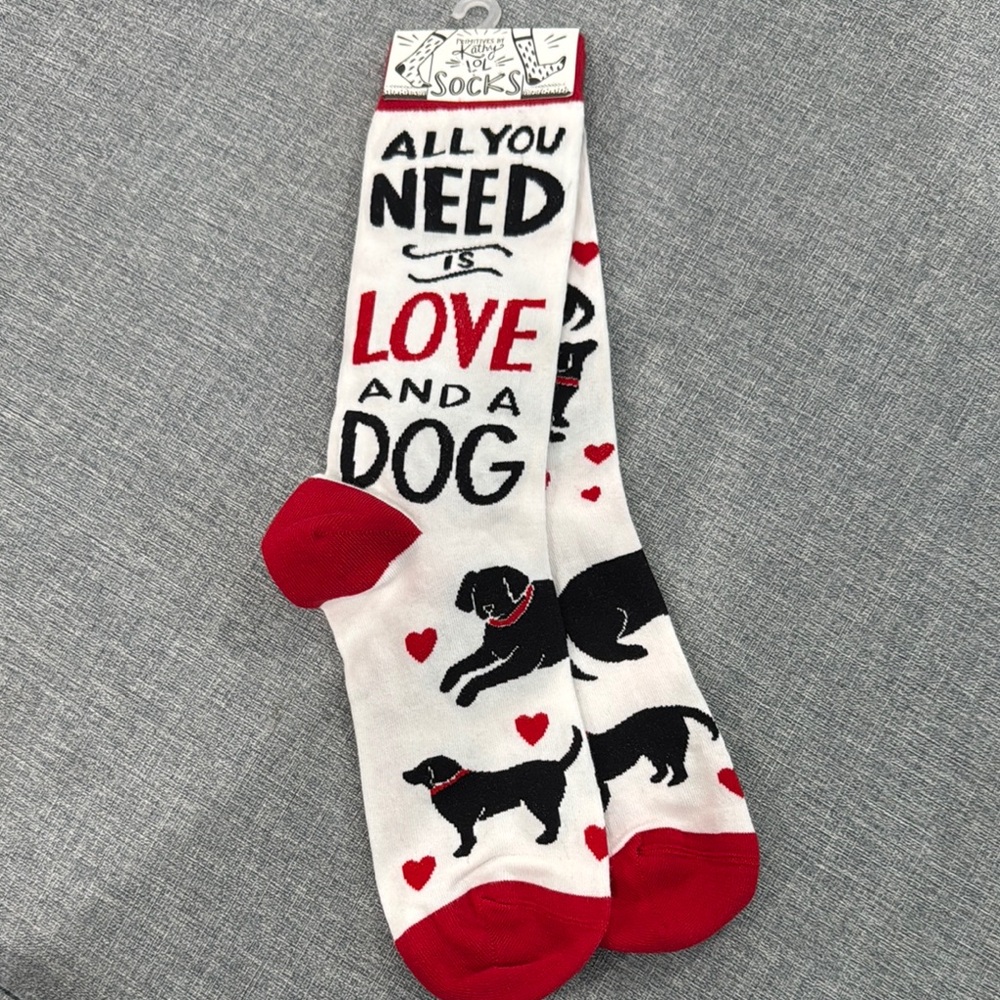 Love and Dog Themed Red and White Socks- One Size- NEW